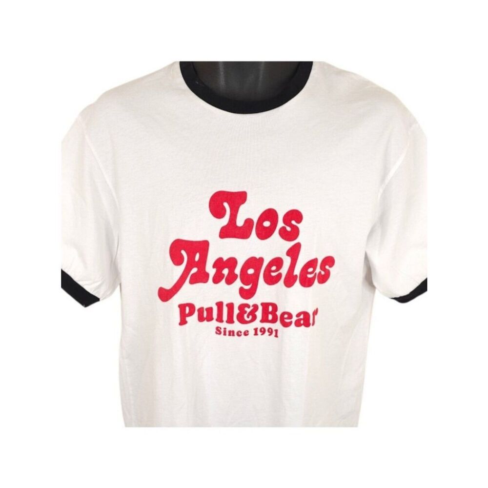 Los Angeles T Shirt Mens Size Small White Pull & Bear Relaxed Fit Ringer Tee